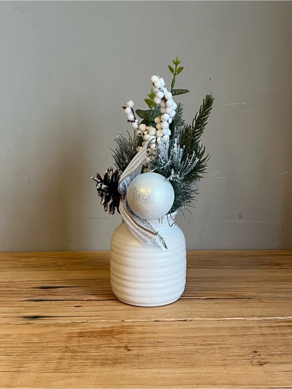 Artificial Holiday Arrangement In Ceramic Cream Color Vase-NWT